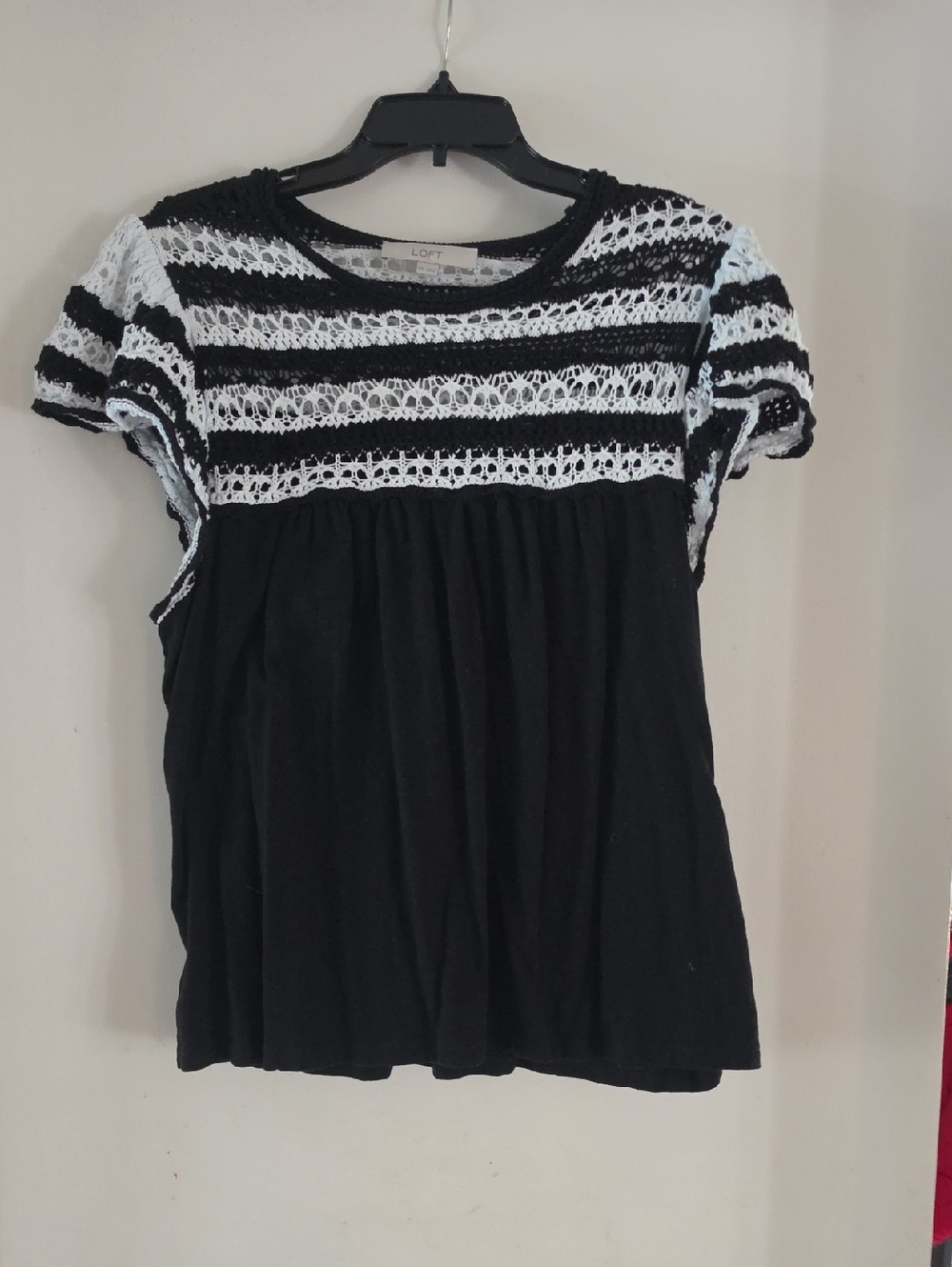 LOFT Black and White Crochet Yoke Short Sleeve Tee